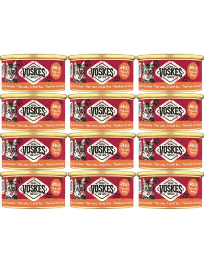 VOSKES Nassfutter mit Thunfisch und Garnelen in Gelee für Katzen 12x85 g