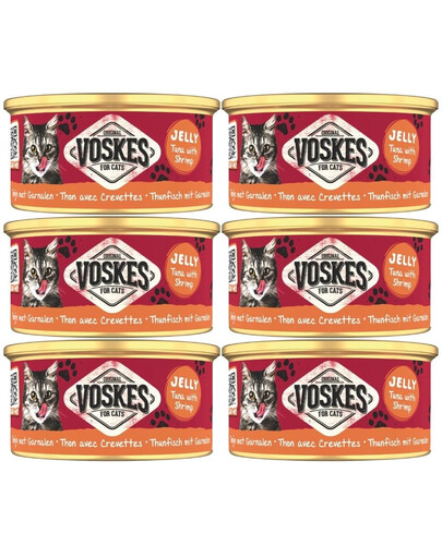 VOSKES Nassfutter mit Thunfisch und Garnelen in Gelee für Katzen 6x85 g