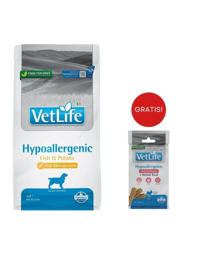 FARMINA Vet Life Hypoallergenic Fish & Potato für Hunde mit Allergie 2 kg + Snack Pork&Potato Hypoallergenic 60 g GRATIS!