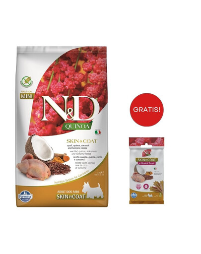 FARMINA N&D Quinoa Dog Skin&Coat Adult Mini quail, coconut 2.5 kg + Snack Dental Treat Skin Coat Quail Mini 60 g GRATIS!