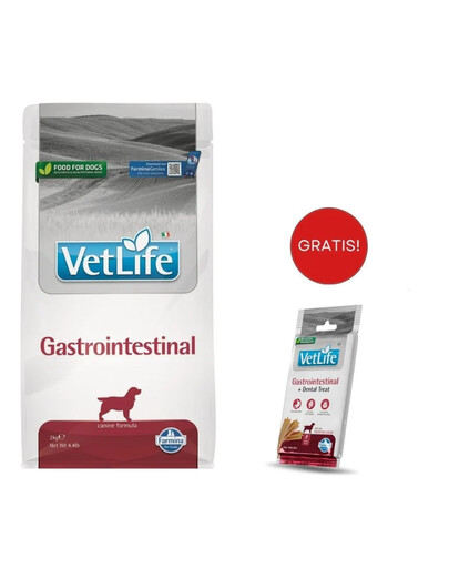 FARMINA Vet Life Gastrointestinal für Hunde mit Verdauungsproblemen 2 kg + dentale Snacks Medium/Maxi 100 g (7 St) GRATIS!
