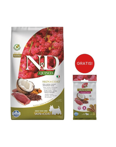 FARMINA N&D Quinoa Mini Skin and Coat mit Ente und Kokosnuss 2,5 kg + Snack Dental Treat Skin Coat Duck Mini 60 g GRATIS!