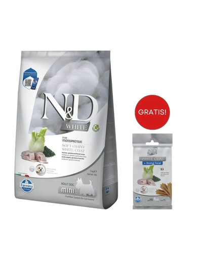 FARMINA N&D White Dog Adult Mini Sea Bass, Spirulina, Fennel 5 kg + Snack Dental Treat Coat Sea bass Mini 60 g GRATIS!