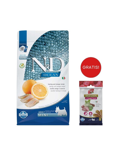 FARMINA N&D Ocean Dog Adult Mini Hering und Orange für kleine Rasse 2,5 kg + Zahnpflege-Leckerli 60 g (7 St.) GRATIS!