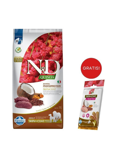 FARMINA N&D Quinoa Dog Adult Medium&Maxi Skin&Coat Venison & Coconut 7 kg + Snack Dental Treat Skin Coat Quail Medium/Maxi 100 g GRATIS!