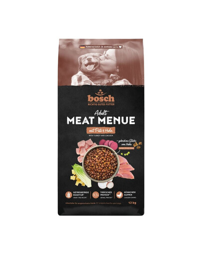 BOSCH Meat Menue Trockenfutter mit Truthahn und Huhn getreidefrei für adulte Hunde 12 kg