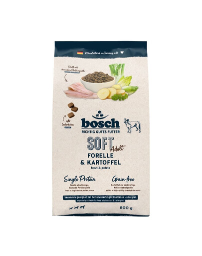 BOSCH HPC Soft Trockenfutter mit Forelle und Kartoffel getreidefrei für adulte empfindliche Hunde 800g