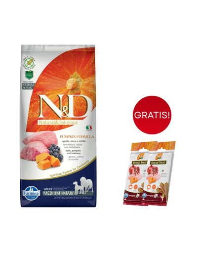 FARMINA N&D Pumpkin lamb&blueberry Adult Medium Maxi 12 kg + Snacks Dental Treat Chicken Pomegranate Medium/Maxi 2x100 g GRATIS!
