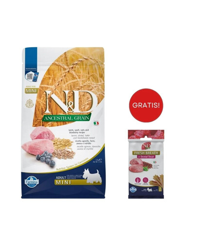 FARMINA N&D Ancestral Grain Lamb & Blueberry Adult Mini dog 2.5 kg + Snack Dental Treat Fresh breath Mini 60 g GRATIS!