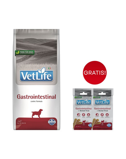 FARMINA Vet Life Gastrointestinal für Hunde mit Verdauungsproblemen 12 kg + dentale Leckerlis 2x60 g GRATIS!