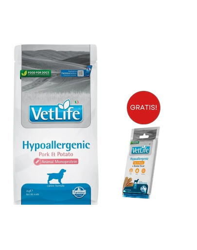 FARMINA VetLife Hypoallergenic Adult Pork 2 kg + dentale Snacks Hypoallergenic Fish Medium/Maxi 100 g GRATIS!