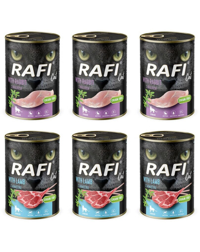 RAFI Cat Mix Geschmacks Nassfutter mit Lamm und Kaninchen für adulte sterilisierte Katzen getreidefrei 6x400 g