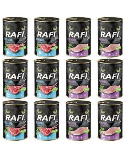 RAFI Cat Mix Geschmacks Nassfutter mit Lamm und Kaninchen für adulte sterilisierte Katzen getreidefrei 12x400 g