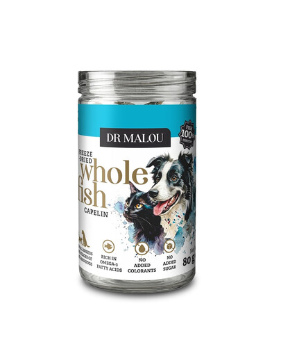 DR MALOU 100% gefriergetrocknete Snacks Fisch Lodde für Katzen und Hunde 80 g