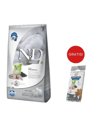 FARMINA N&D White Dog Adult Medium Maxi Sea Bass, Spirulina, Fennel 7 kg + Snack Dental Treat Coat Sea bass Mini 60 g GRATIS!