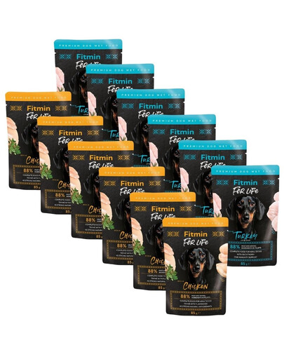 FITMIN For Life Dog Adult Mix Geschmacks Pute mit Sanddorn und Huhn mit Kräutern in Soße für adulte Hunde 12x85 g