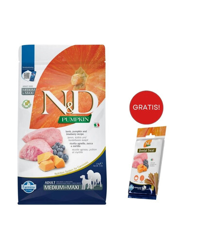 FARMINA N&D Pumpkin lamb & blueberry Adult Medium & Maxi 2.5 kg + Snack Dental Treat Lamb Blueberry Medium/Maxi 100 g GRATIS!