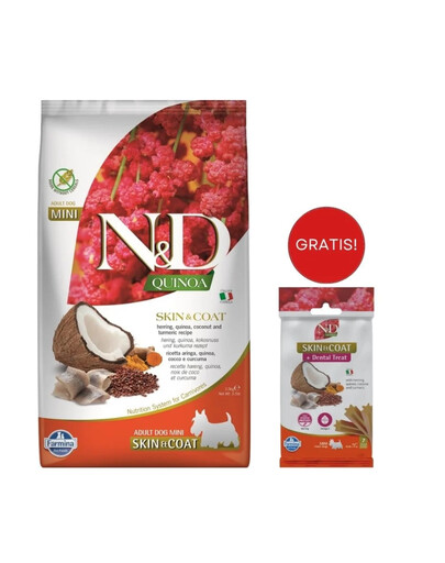 FARMINA N&D Quinoa Dog Skin&Coat Adult Mini herring, coconut 2.5 kg + Snack Dental Treat Skin Coat Herring Mini 60 g GRATIS!