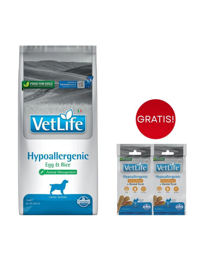 FARMINA Vet Life Hypoallergenic Egg & Rice dog für Hunde mit Allergie 12 kg + dentale Leckerei Fisch, Kartoffel 2x60 g GRATIS!