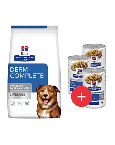 HILL'S Prescription Diet Canine Derm Complete Futter zur Stärkung der Hundehaut 12 kg + 3x370g GRATIS