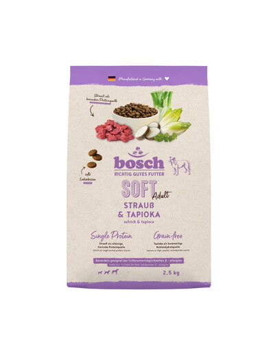 BOSCH Soft Trockenfutter mit Strauß und Tapioka monoprotein getreidefrei für adulte Hunde 2,5 kg