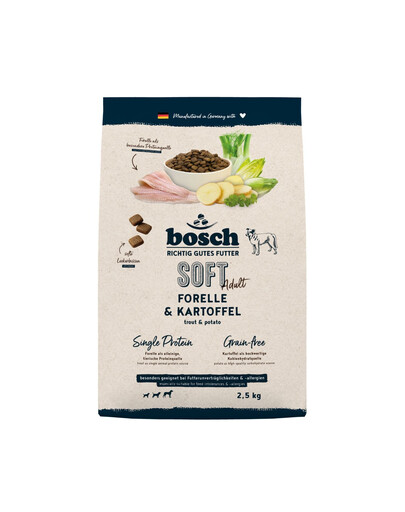 BOSCH Soft Trockenfutter Forelle und Kartoffel getreidefrei für adulte Hunde 2,5 kg