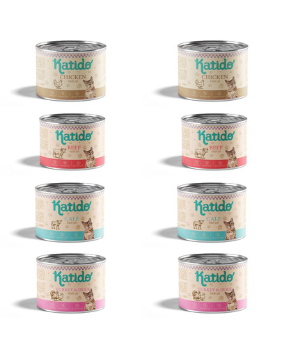 KATIDO Nassfutter Mix Geschmacks mit Pute, Ente, Rind, Kalb, Huhn für adulte Katzen 8x200g