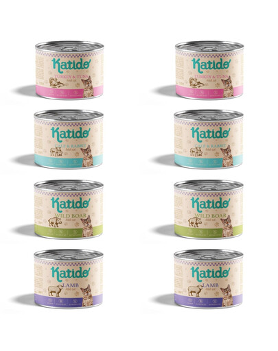 KATIDO Nassfutter Mix Geschmacks mit Pute, Thunfisch, Kalb, Kaninchen, Wildschwein, Lamm für adulte Katzen 8x200g