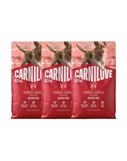 CARNILOVE Active Trockenfutter Wild, Rentier und Wildschwein für adulte Hunde getreidefrei 3x4 kg