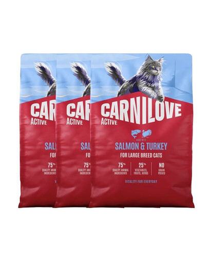 CARNILOVE Active Trockenfutter mit Lachs und Pute für adulte große Katzenrassen getreidefrei 3x2 kg