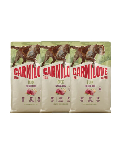CARNILOVE True Fresh Duck Adult Trockenfutter mit Ente für adulte Hunde aller Rassen getreidefrei 3x4 kg