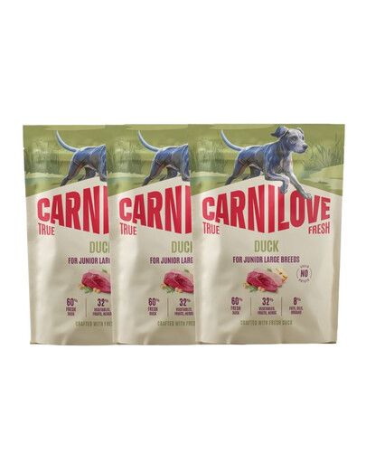 CARNILOVE True Fresh Duck Junior Large Trockenfutter mit Ente für Junioren großer Rassen getreidefrei 3x1,5 kg