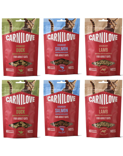 CARNILOVE Crunchy knusprige Snacks mit Ente, Lachs und Lamm für Katzen getreidefrei 6x50 g
