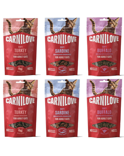 CARNILOVE Soft weiche Snacks mit Sardinen, Büffel und Pute für Katzen getreidefrei 6x50 g