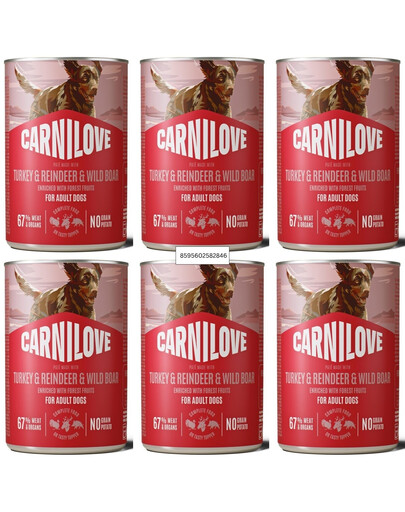 CARNILOVE Dog Can Nassfutter Pastete mit Pute, Rentier und Wildschwein für adulte Hunde getreidefrei 6x400g