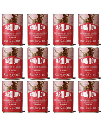 CARNILOVE Dog Can Nassfutter Pastete mit Pute, Rentier und Wildschwein für adulte Hunde getreidefrei 12x400g