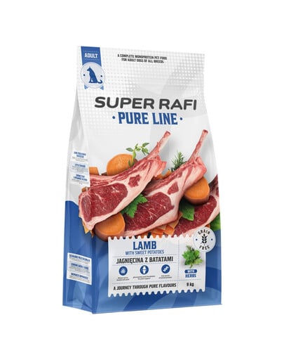 SUPER RAFI Pure Line Trockenfutter Lamm mit Süßkartoffeln für adulte Hunde aller Rassen getreidefrei 9 kg