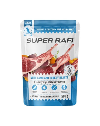 SUPER RAFI Nassfutter Pastete mit Lamm und Putenherzen für adulte Hunde aller Rassen getreidefrei 500 g