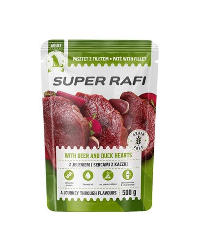 SUPER RAFI Nassfutter Pastete mit Wild und Entenherzen für adulte Hunde aller Rassen getreidefrei 500 g
