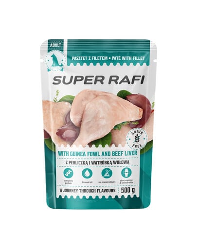 SUPER RAFI Nassfutter Pastete mit Perlhuhn und Rinderleber für adulte Hunde aller Rassen getreidefrei 500 g