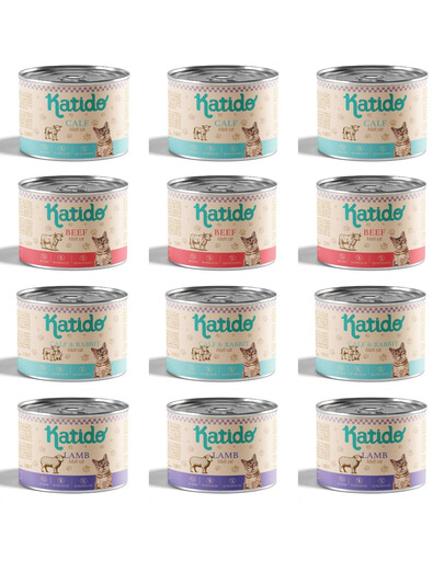 KATIDO Adult Mix Geschmacks Nassfutter mit Lamm, Rind, Kalb, Kaninchen für adulte Katzen 12 x 200g