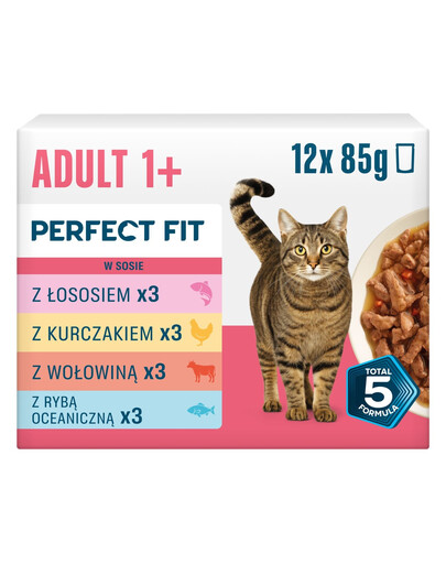 PERFECT FIT Adult 1+ Nassfutter mit Lachs, Huhn, Rind und Ozeanfisch für adulte Katzen 12 x 85g