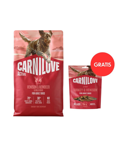 CARNILOVE Active Trockenfutter Wild, Rentier und Wildschwein für adulte Hunde getreidefrei 4 kg + Jerky Truthahn mit Venison 100g