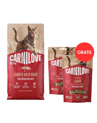 CARNILOVE Active Sterilised Trockenfutter Lamm und Wildschwein für sterilisierten Katzen 6 kg + Crunchy Snack Cat Lamb 2x50 g