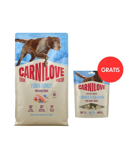 CARNILOVE True Fresh Trockenfutter mit Fisch und Truthahn für adulte Hunde getreidefrei 4 kg + Freeze Dried Turkey and Salmon 60g