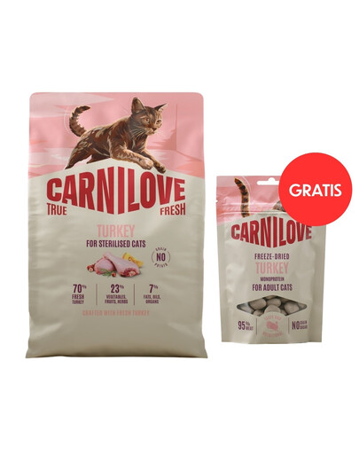 CARNILOVE True Fresh Trockenfutter mit Pute für kastrierte Katzen getreidefrei 2 kg + Freeze-Dried Snack Turkey 40 g