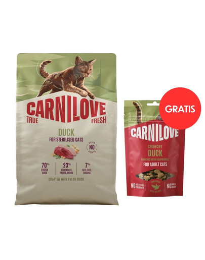 CARNILOVE True Fresh Sterilised Trockenfutter mit Ente für kastrierte Katzen getreidefrei 2 kg + Crunchy Snack Duck 50 g