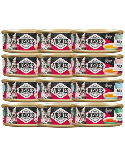 VOSKES Soup Nassfutter Mix Geschmacks Suppe mit Rind, Huhn, Lachs und Thunfisch für Katzen 12x50 g