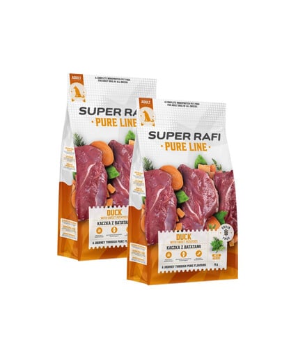 SUPER RAFI Pure Line Trockenfutter Ente mit Süßkartoffeln für adulte Hunde aller Rassen getreidefrei 2x9 kg