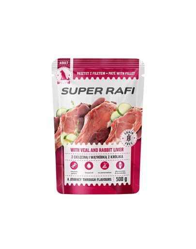 SUPER RAFI Nassfutter Pastete mit Kalbfleisch und Kaninchenleber für adulte Hunde aller Rassen getreidefrei 500 g